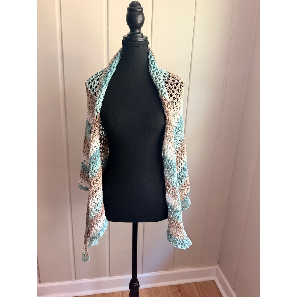 Handmade Crochet Triangle Shawl Scarf Striped Boho Wrap Blue Tan White 64in